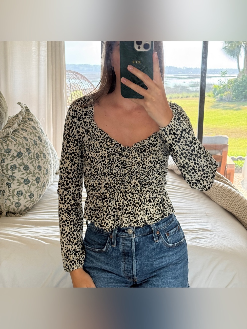Urban Outfitters Leopard Print Smocked Long Sleeve Blouse